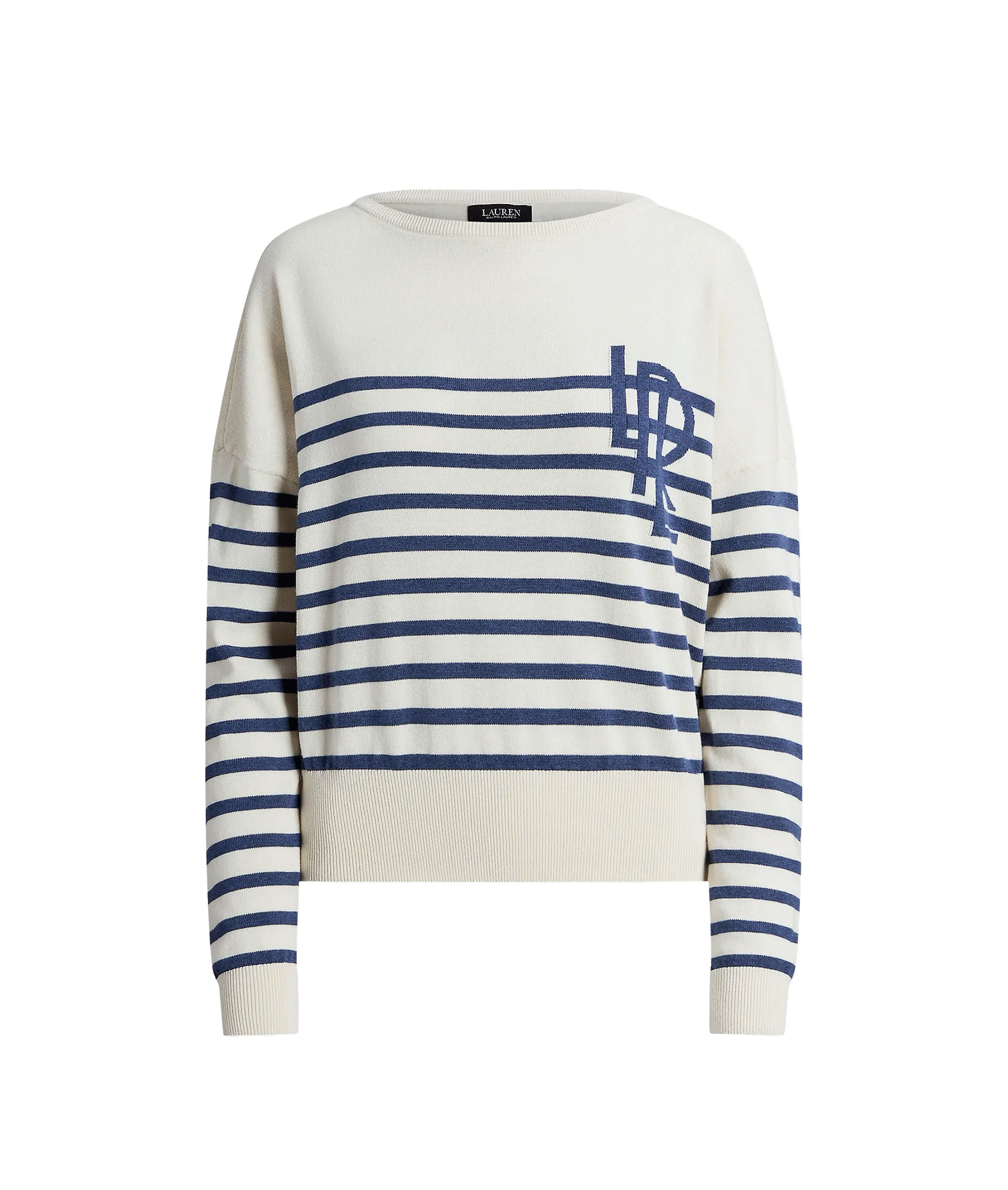 Logo Striped Cotton Boatneck Sweater - Cream