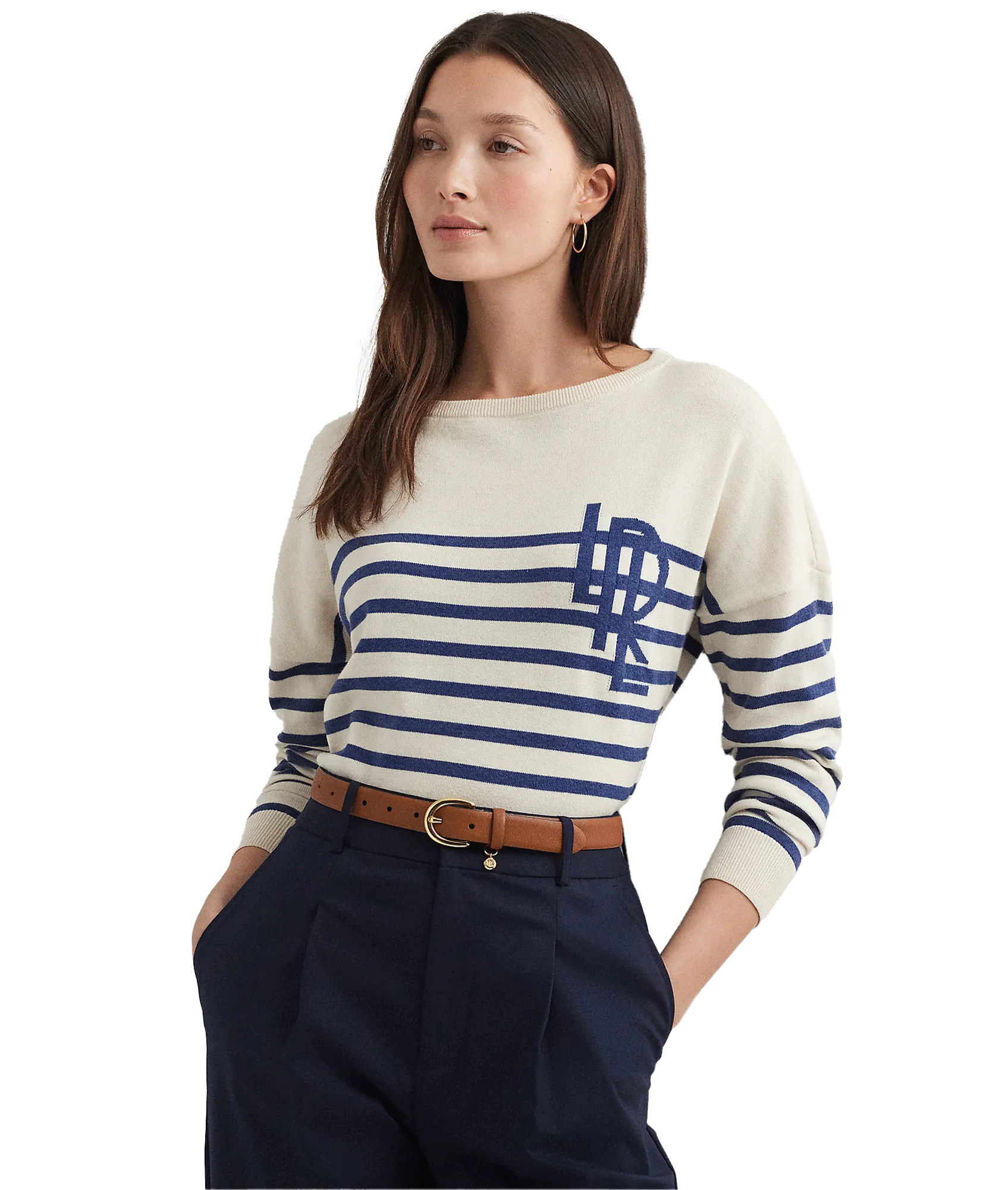 Logo Striped Cotton Boatneck Sweater - Cream