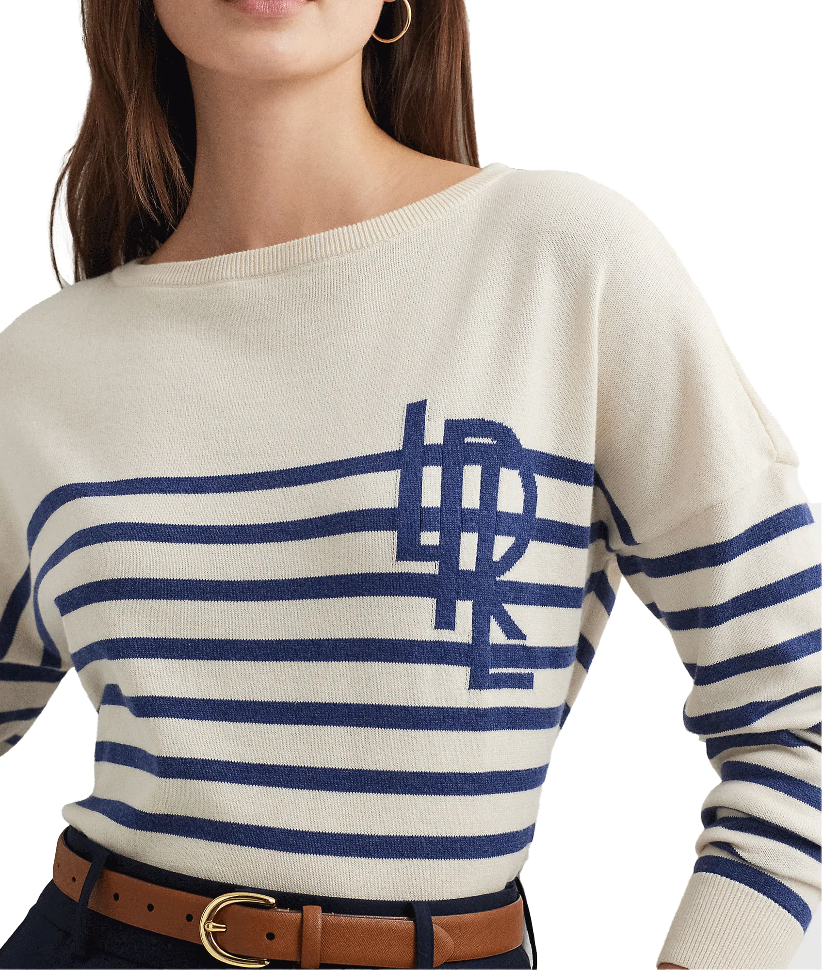 Logo Striped Cotton Boatneck Sweater - Cream