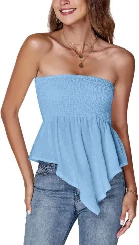 LYANER Women's Strapless Pleated Ruffle Hem Shirred Bandeau Sleeveless Tank Tube Top