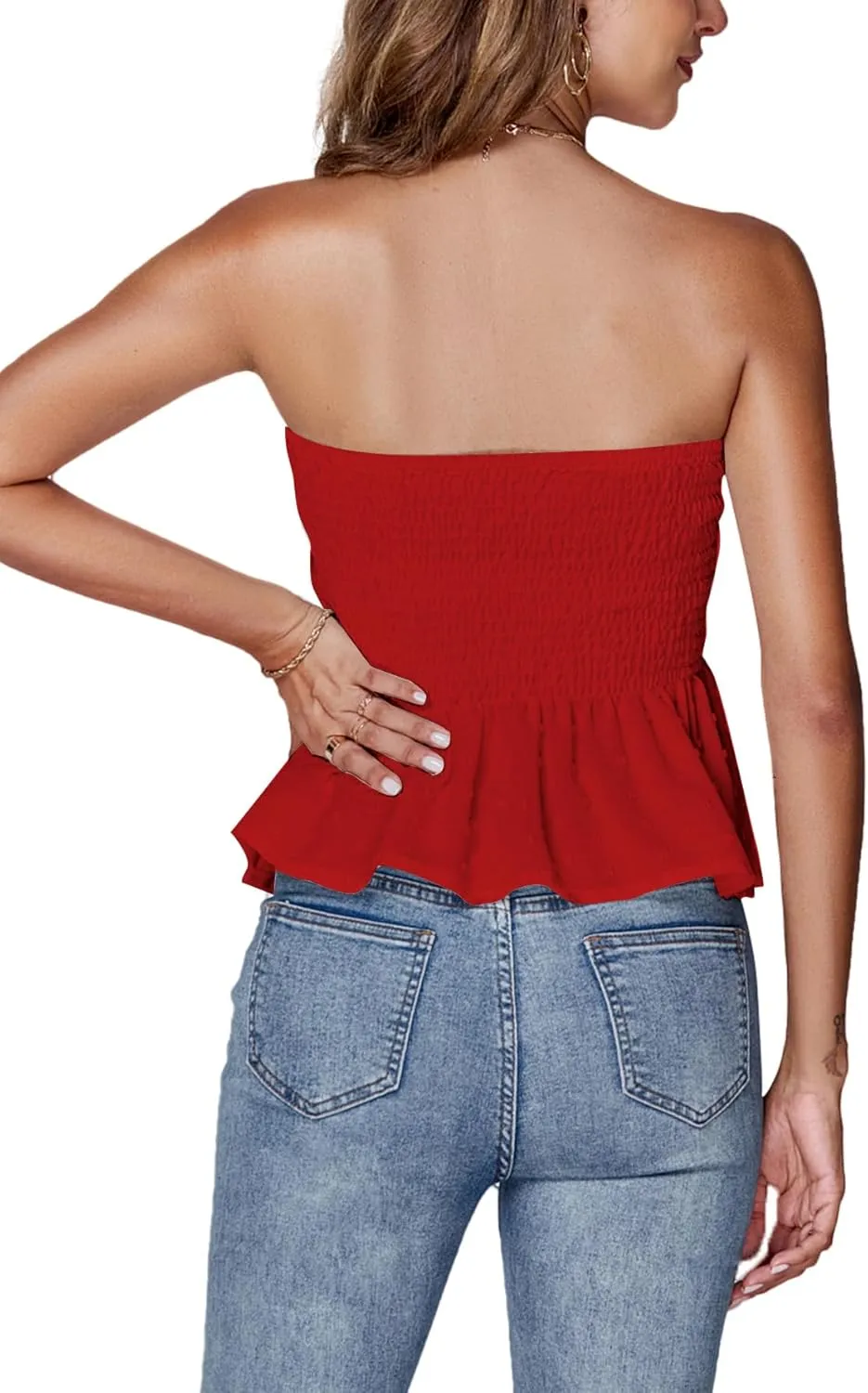 LYANER Women's Strapless Pleated Ruffle Hem Shirred Bandeau Sleeveless Tank Tube Top
