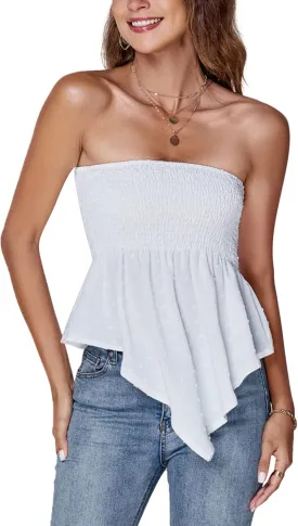 LYANER Women's Strapless Pleated Ruffle Hem Shirred Bandeau Sleeveless Tank Tube Top