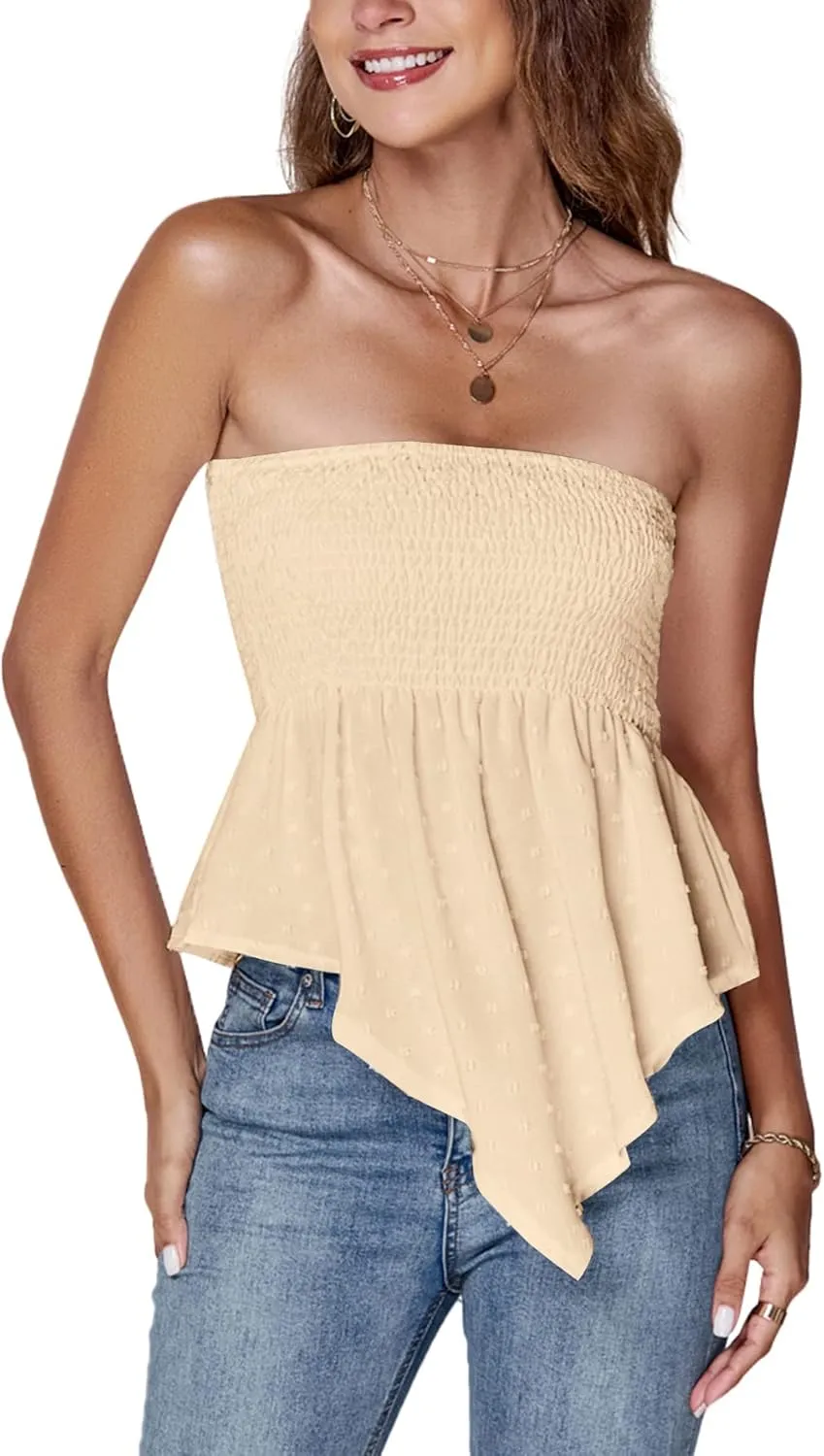 LYANER Women's Strapless Pleated Ruffle Hem Shirred Bandeau Sleeveless Tank Tube Top