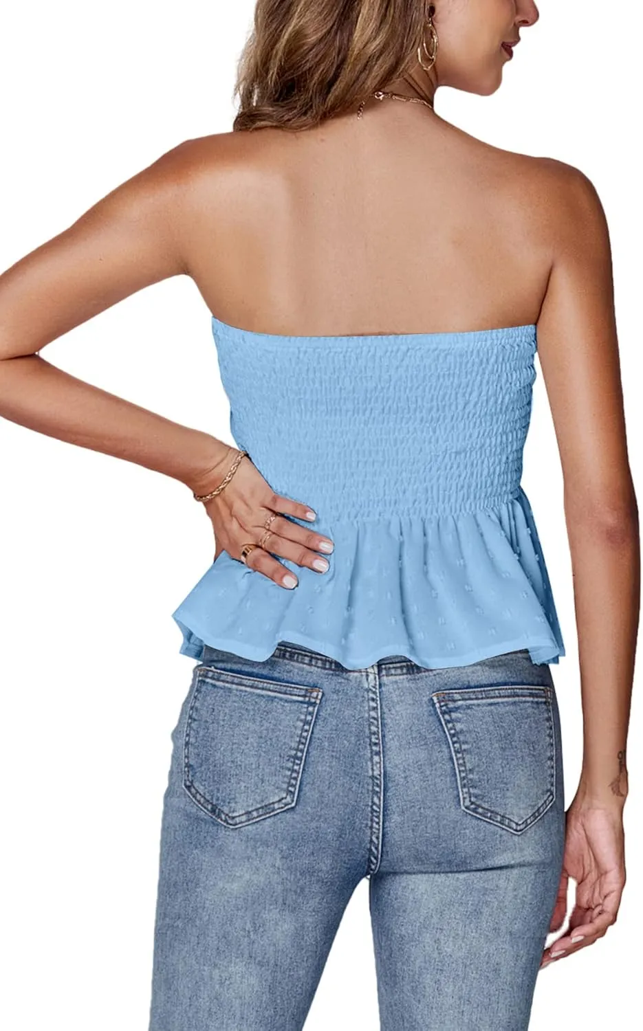 LYANER Women's Strapless Pleated Ruffle Hem Shirred Bandeau Sleeveless Tank Tube Top