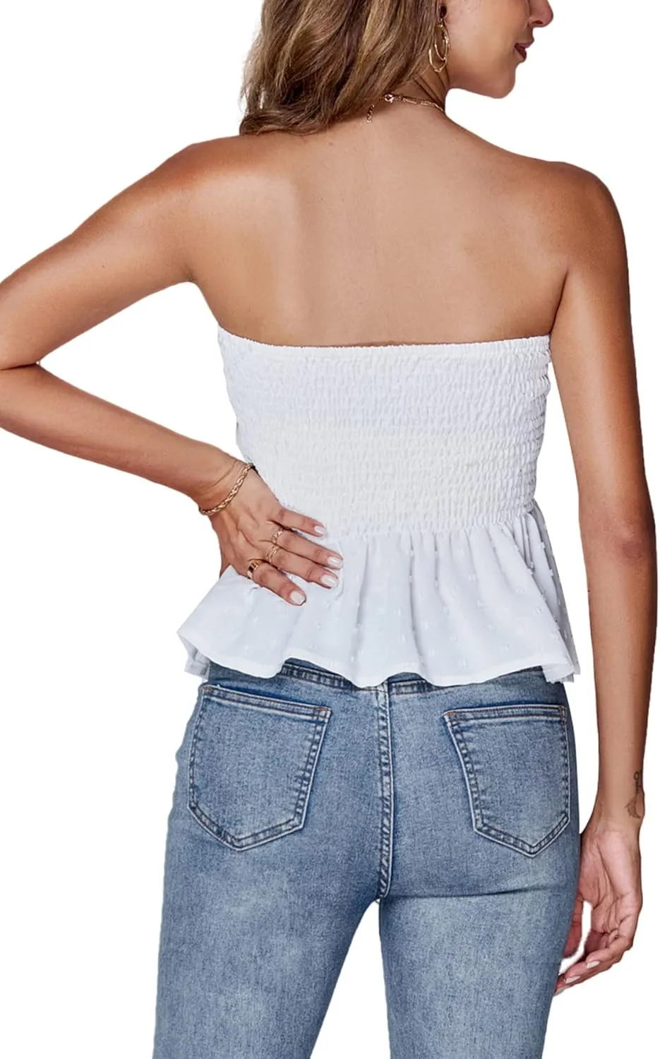 LYANER Women's Strapless Pleated Ruffle Hem Shirred Bandeau Sleeveless Tank Tube Top