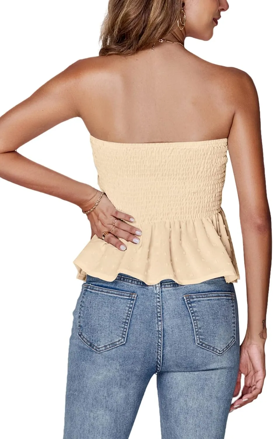 LYANER Women's Strapless Pleated Ruffle Hem Shirred Bandeau Sleeveless Tank Tube Top