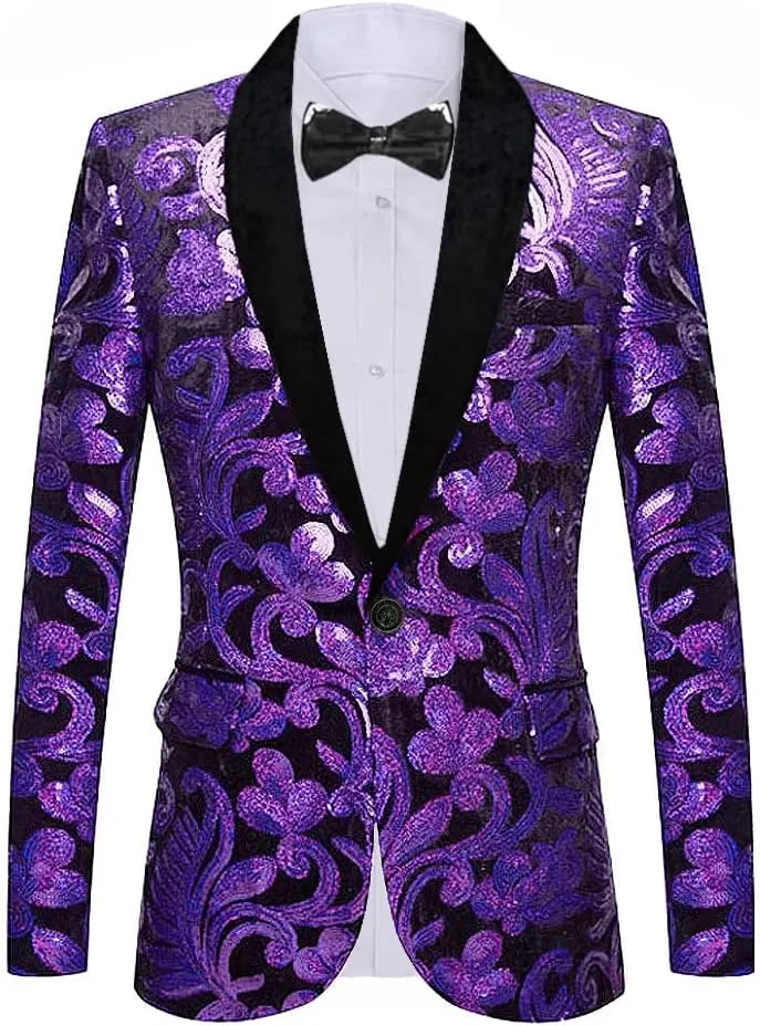 Men's Fashion Velvet Sequins Blazer Floral Pattern Party Prom Suit Jacket