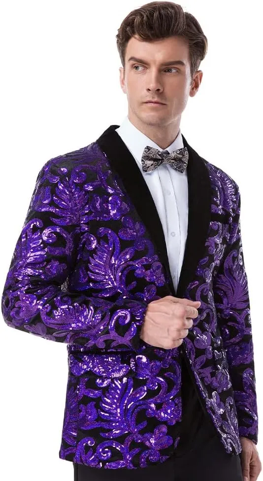 Men's Fashion Velvet Sequins Blazer Floral Pattern Party Prom Suit Jacket