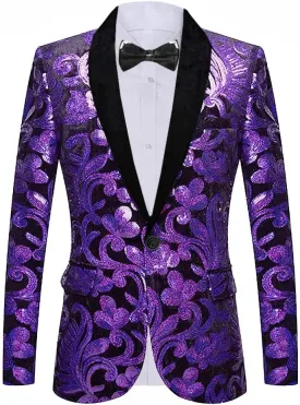Men's Fashion Velvet Sequins Blazer Floral Pattern Party Prom Suit Jacket