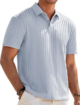 Mens Knit Polo Shirts Short Sleeve Button Down Texture Polo T Shirts Casual Golf Polo Collared Shirts