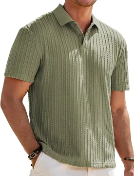 Mens Knit Polo Shirts Short Sleeve Button Down Texture Polo T Shirts Casual Golf Polo Collared Shirts