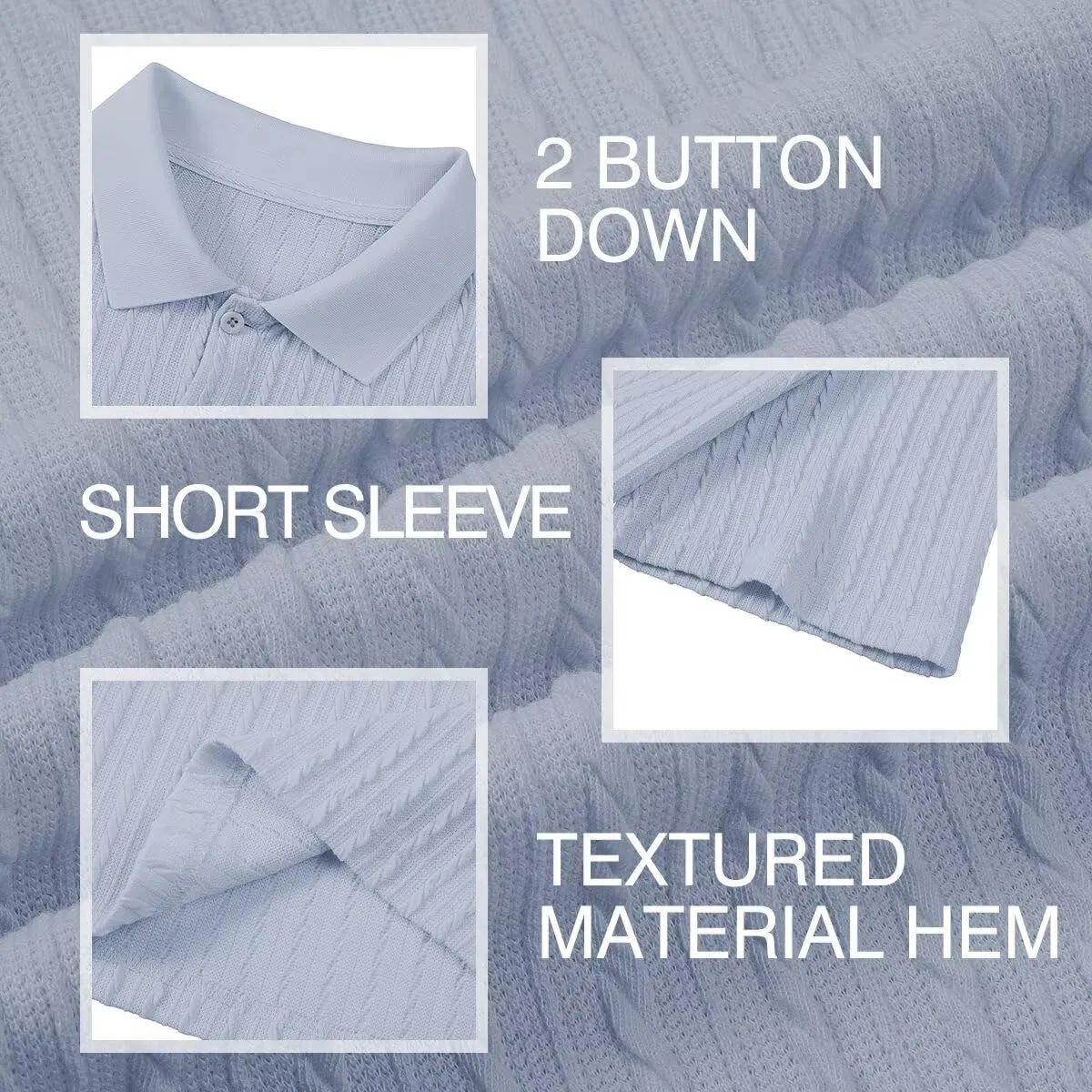 Mens Knit Polo Shirts Short Sleeve Button Down Texture Polo T Shirts Casual Golf Polo Collared Shirts