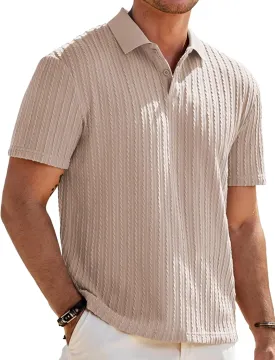 Mens Knit Polo Shirts Short Sleeve Button Down Texture Polo T Shirts Casual Golf Polo Collared Shirts