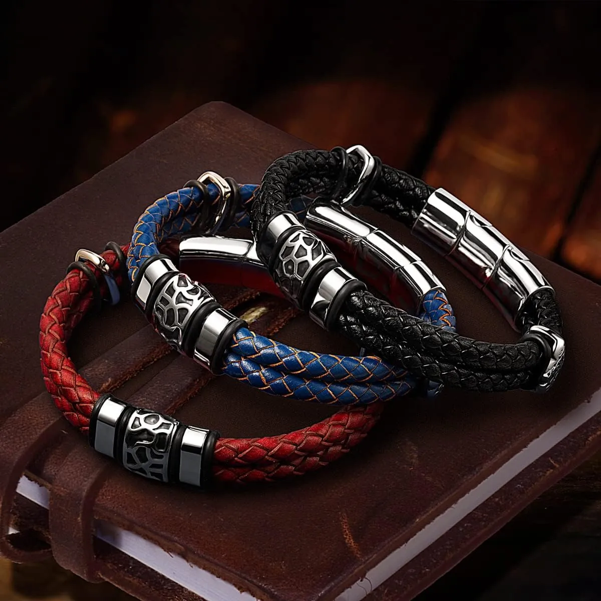 Mens Leather Bracelet Premium Leather Braided Bracelet Stainless Steel Jewelry Gift Accessories Men's Bracelet