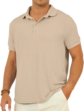 Mens Polo Shirts Short Sleeve Texture Collared Polo Shirt Classic Button Golf Polo T Shirts Summer Tees