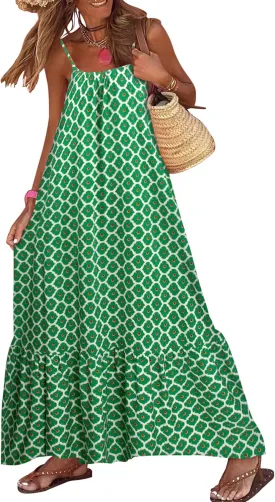 miduo Womens Summer Bohemian Pattern Spaghetti Straps Sleeveless Casual Maxi Long Dresses