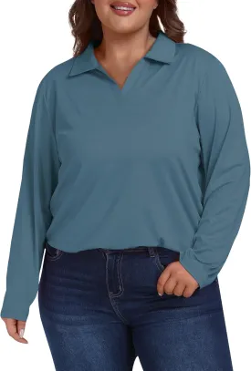 MoFiz Women's Plus Size Golf Long Sleeve Polo Shirts V Neck Workout Casual Loose Fit Tops XL-5XL