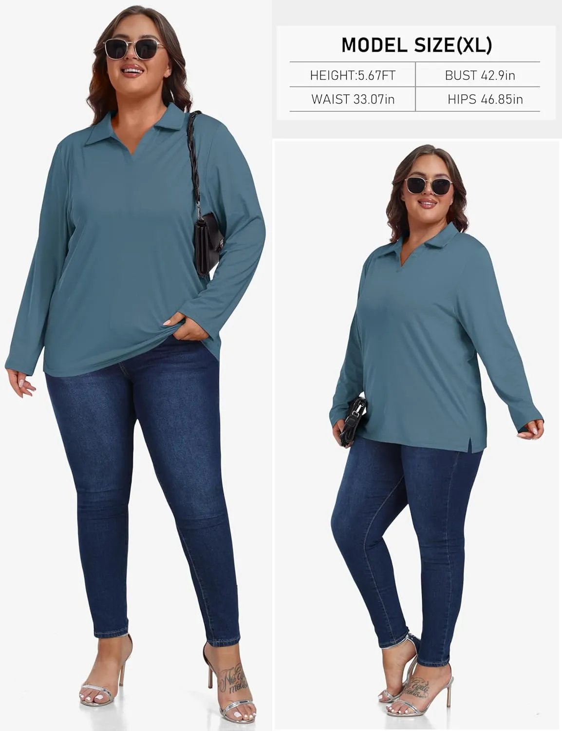 MoFiz Women's Plus Size Golf Long Sleeve Polo Shirts V Neck Workout Casual Loose Fit Tops XL-5XL