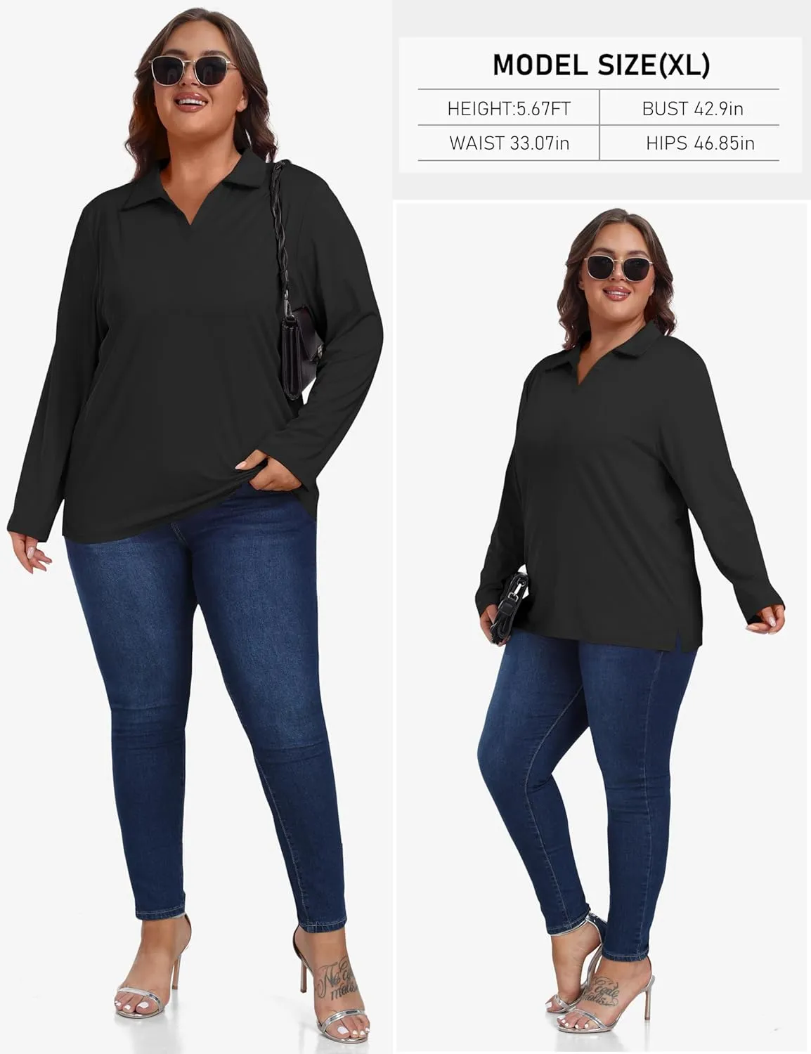 MoFiz Women's Plus Size Golf Long Sleeve Polo Shirts V Neck Workout Casual Loose Fit Tops XL-5XL