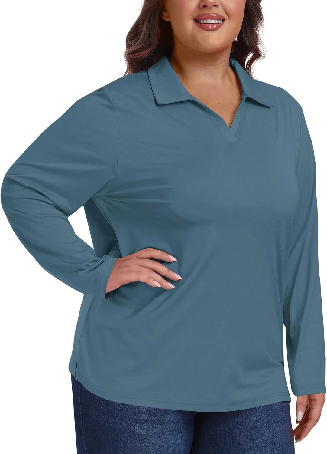 MoFiz Women's Plus Size Golf Long Sleeve Polo Shirts V Neck Workout Casual Loose Fit Tops XL-5XL