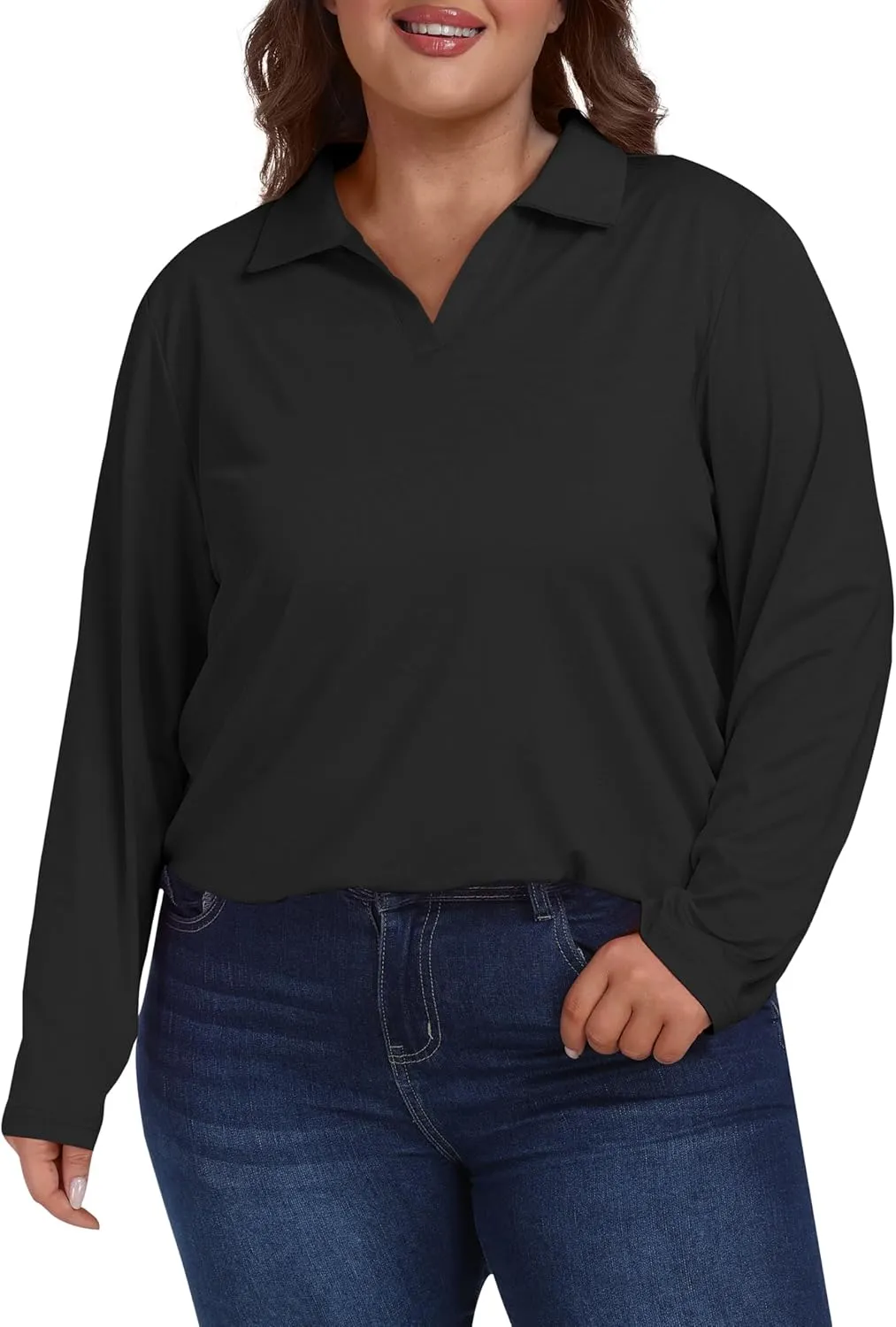 MoFiz Women's Plus Size Golf Long Sleeve Polo Shirts V Neck Workout Casual Loose Fit Tops XL-5XL