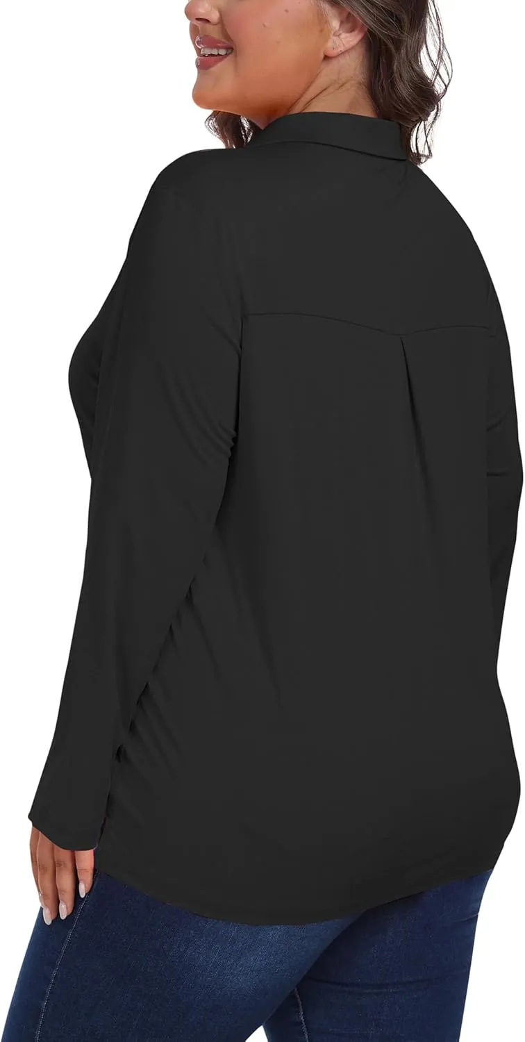 MoFiz Women's Plus Size Golf Long Sleeve Polo Shirts V Neck Workout Casual Loose Fit Tops XL-5XL