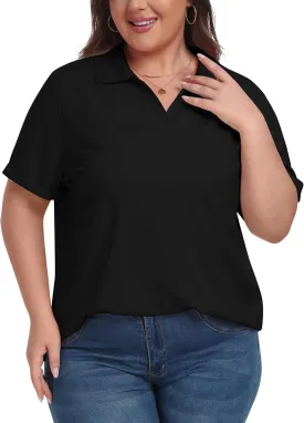 MoFiz Women's Plus Size Golf Polo Shirts Loose Fit Short Sleeve V-Neck Tennis Workouts Tops, XL-5XL