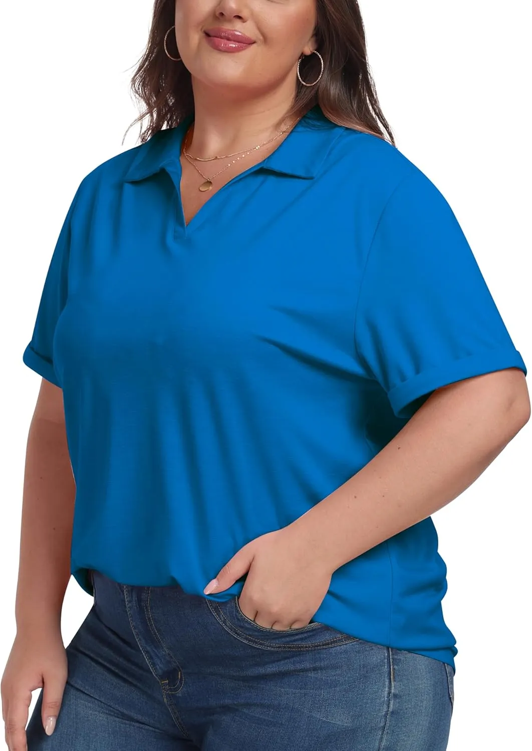 MoFiz Women's Plus Size Golf Polo Shirts Loose Fit Short Sleeve V-Neck Tennis Workouts Tops, XL-5XL