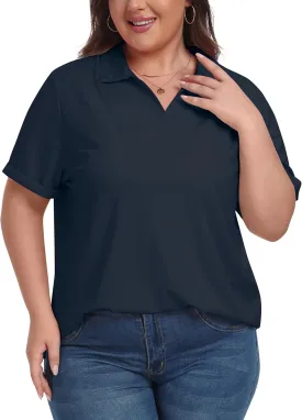 MoFiz Women's Plus Size Golf Polo Shirts Loose Fit Short Sleeve V-Neck Tennis Workouts Tops, XL-5XL