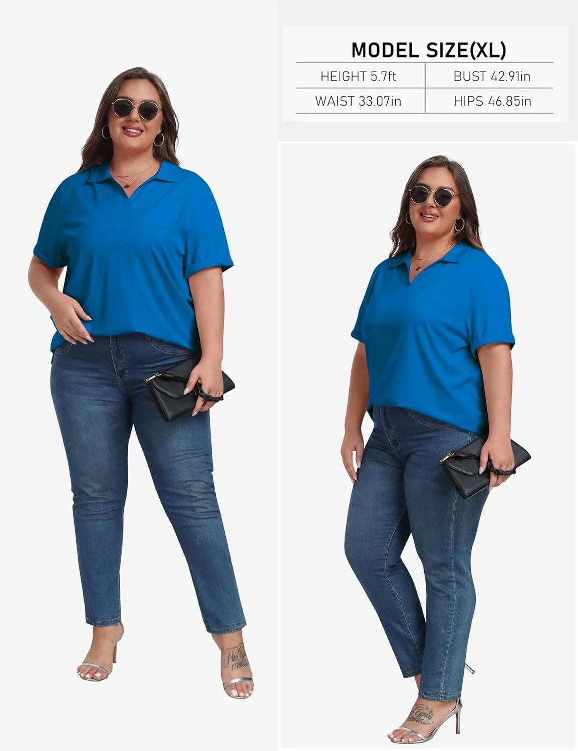 MoFiz Women's Plus Size Golf Polo Shirts Loose Fit Short Sleeve V-Neck Tennis Workouts Tops, XL-5XL
