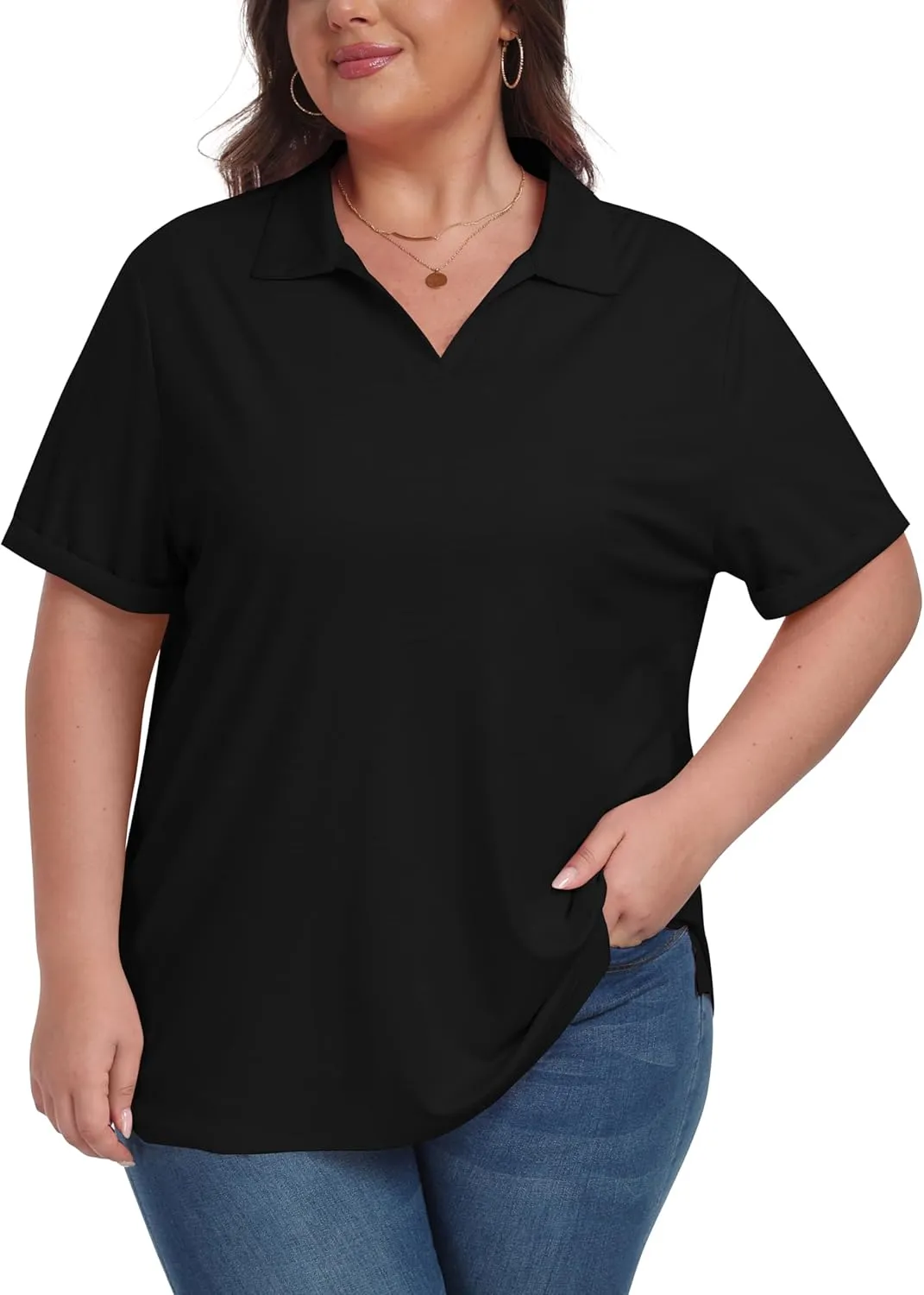 MoFiz Women's Plus Size Golf Polo Shirts Loose Fit Short Sleeve V-Neck Tennis Workouts Tops, XL-5XL