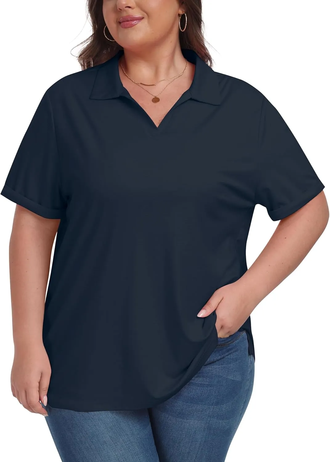 MoFiz Women's Plus Size Golf Polo Shirts Loose Fit Short Sleeve V-Neck Tennis Workouts Tops, XL-5XL