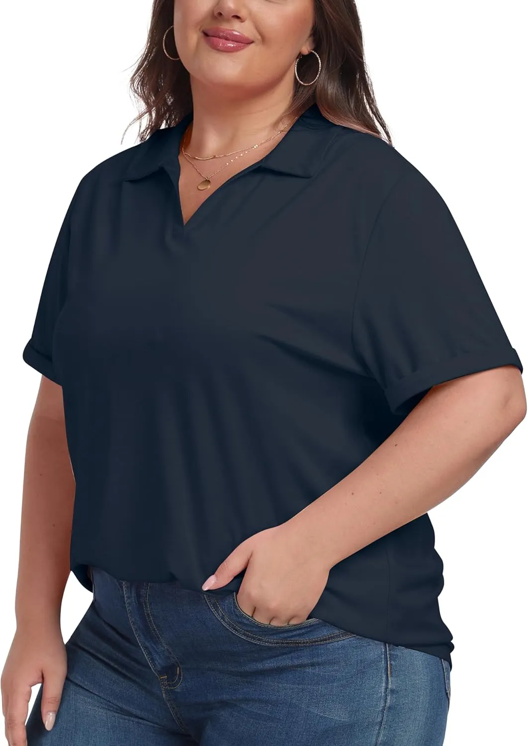 MoFiz Women's Plus Size Golf Polo Shirts Loose Fit Short Sleeve V-Neck Tennis Workouts Tops, XL-5XL
