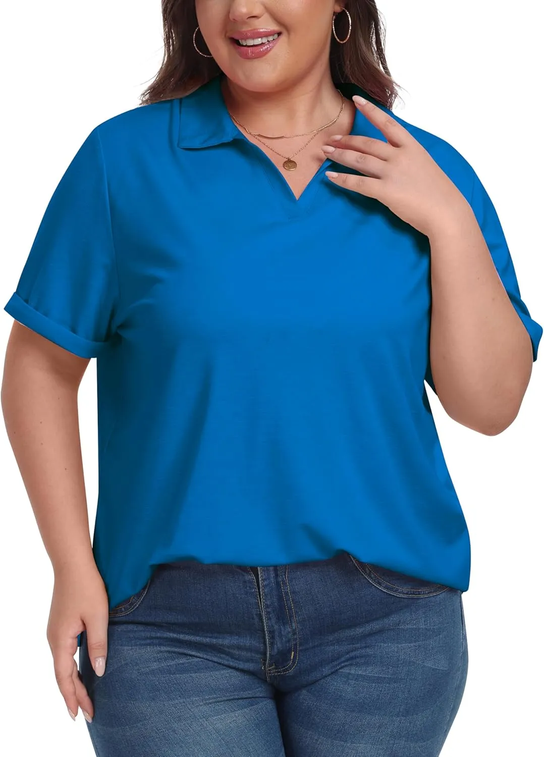MoFiz Women's Plus Size Golf Polo Shirts Loose Fit Short Sleeve V-Neck Tennis Workouts Tops, XL-5XL