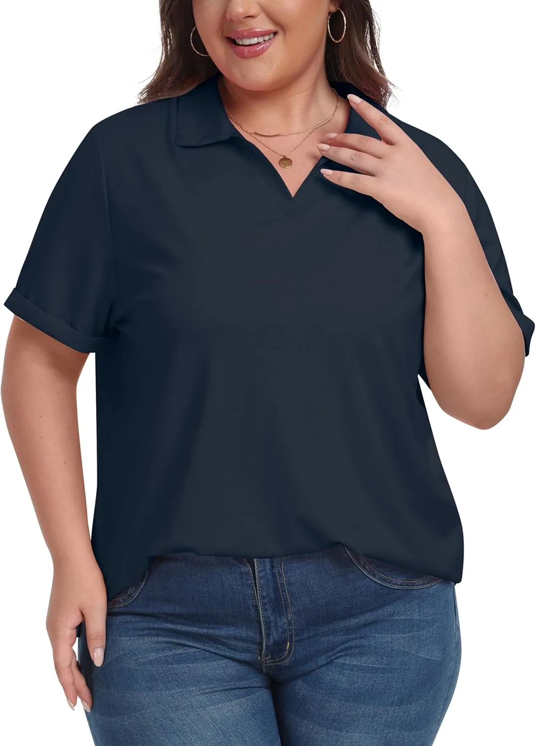 MoFiz Women's Plus Size Golf Polo Shirts Loose Fit Short Sleeve V-Neck Tennis Workouts Tops, XL-5XL