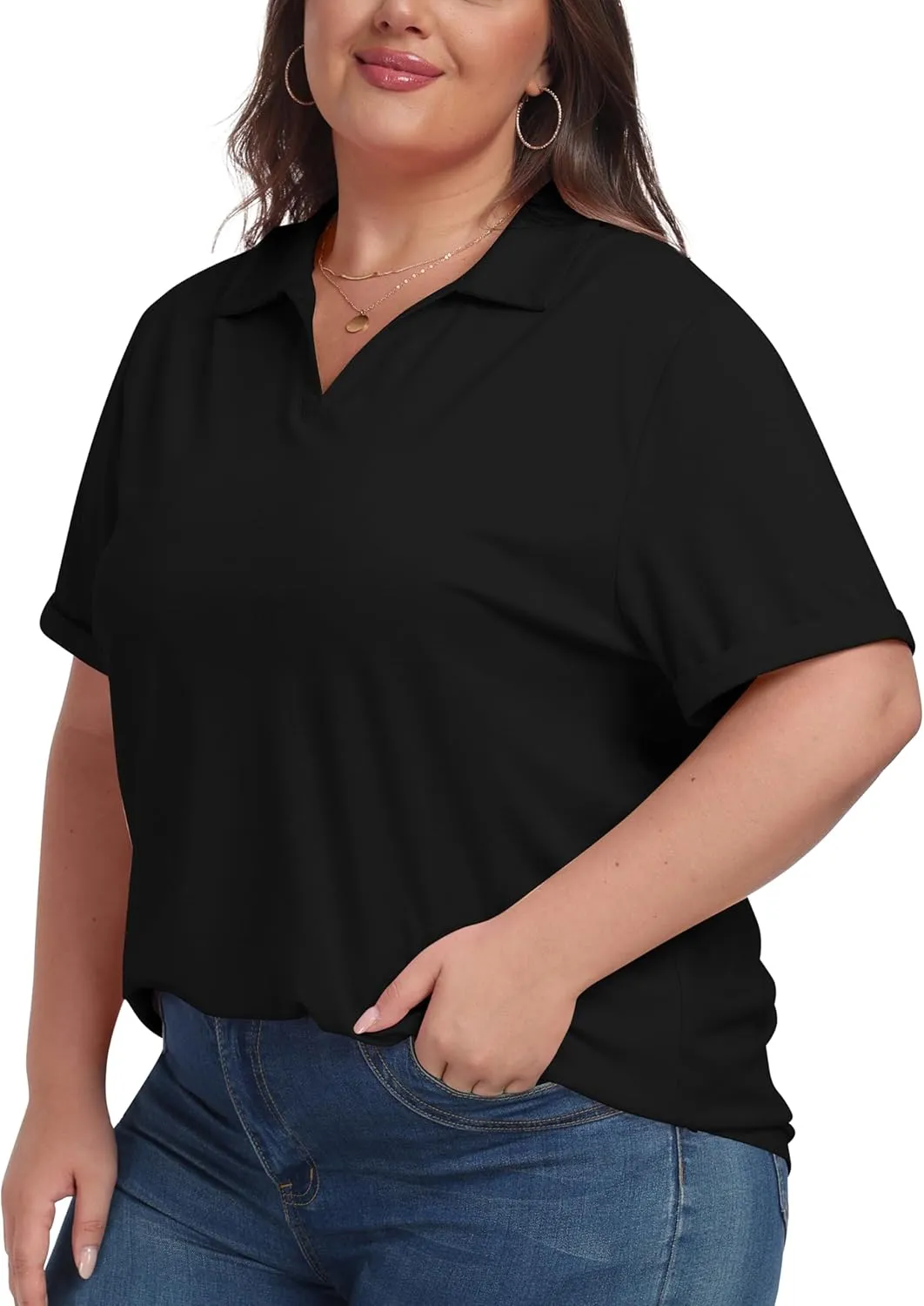 MoFiz Women's Plus Size Golf Polo Shirts Loose Fit Short Sleeve V-Neck Tennis Workouts Tops, XL-5XL