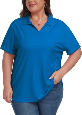 MoFiz Women's Plus Size Golf Polo Shirts Loose Fit Short Sleeve V-Neck Tennis Workouts Tops, XL-5XL