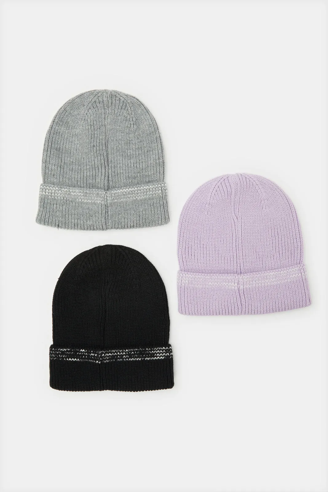Multicolor Embellished Knitted Cap Set Of  (3 Piece)