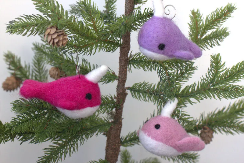 Narwhal Christmas Tree Ornaments- SET of 3- Baby Pink, Lavender, Berry Pink