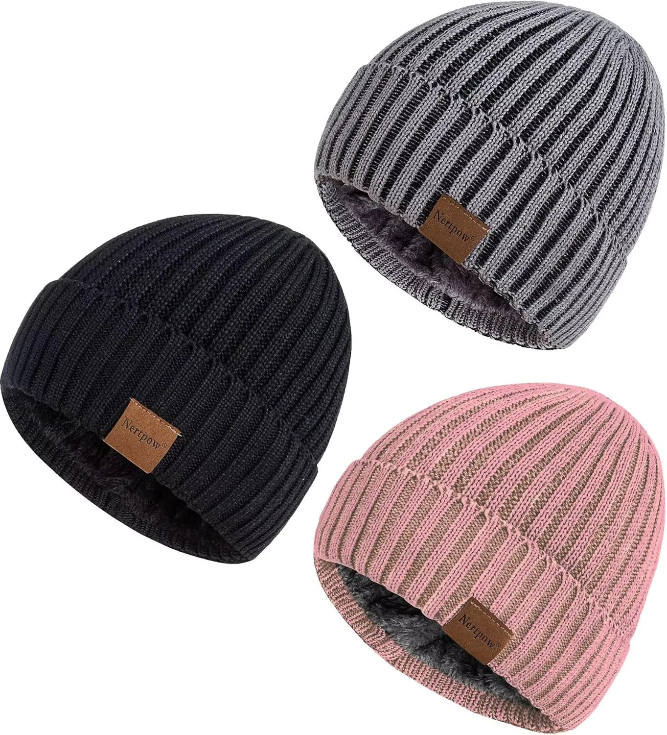 Nertpow Mens Beanie Hats 3 Pack, Winter Hats for Men Women Warm Thermal Fleece Lined, Thick Knit Fashion Skull Cap Cuffed Beanie for Guys (Color-06)