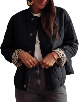 PEHMEA Women's Quilted Lightweight Jackets, Button Down Casual Coat Leopard Lining Bomber Outerwear with Pockets