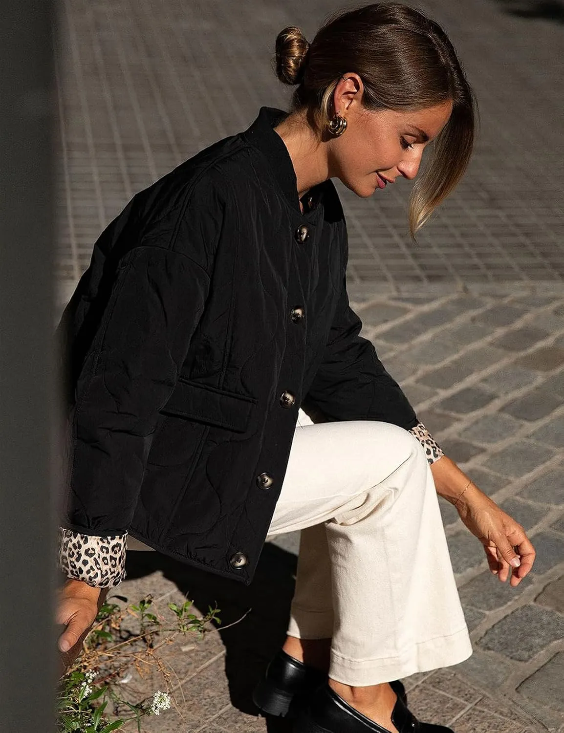 PEHMEA Women's Quilted Lightweight Jackets, Button Down Casual Coat Leopard Lining Bomber Outerwear with Pockets