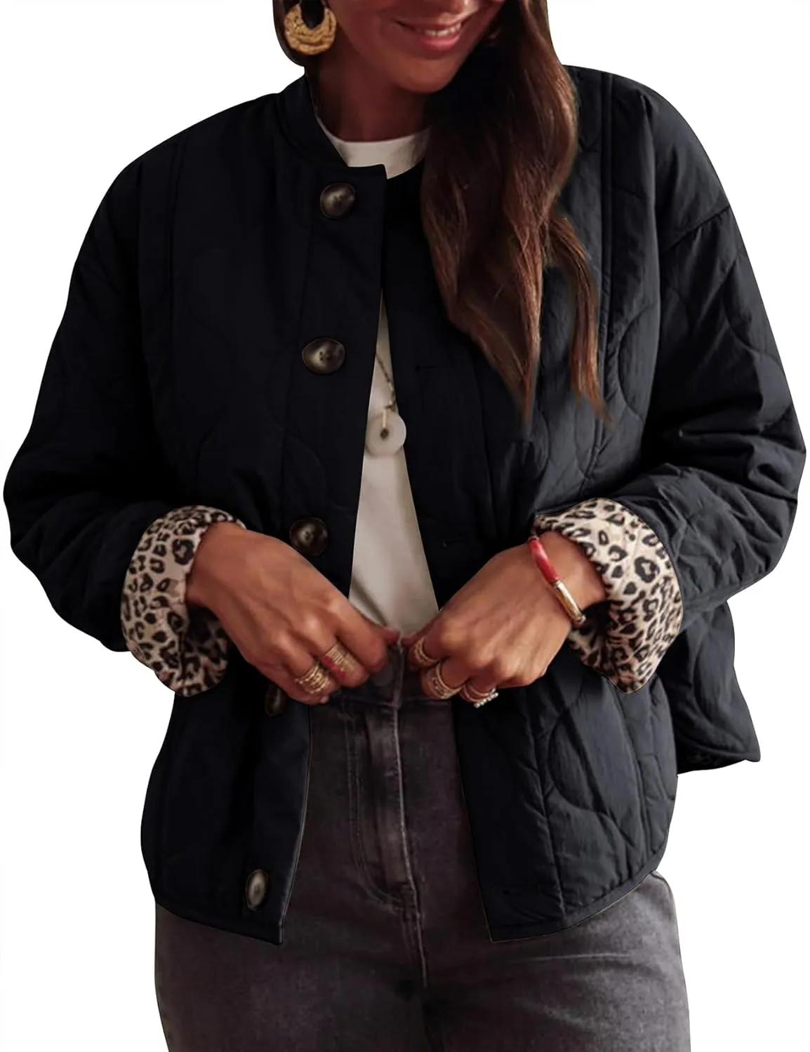 PEHMEA Women's Quilted Lightweight Jackets, Button Down Casual Coat Leopard Lining Bomber Outerwear with Pockets