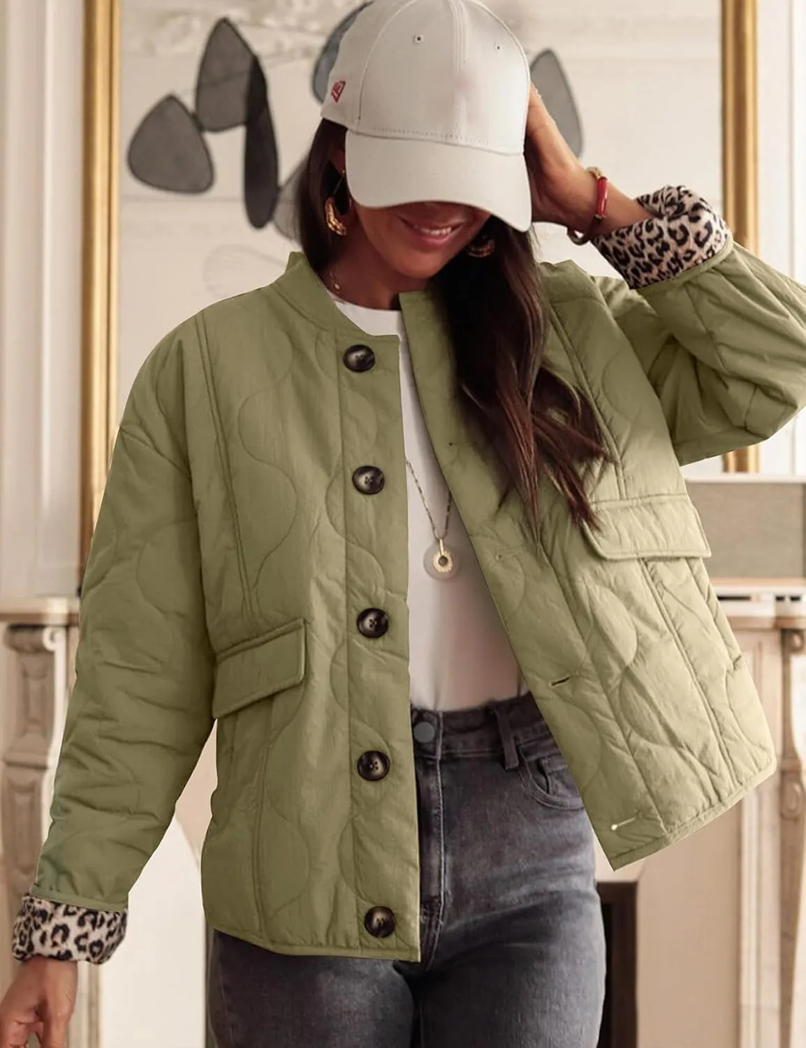 PEHMEA Women's Quilted Lightweight Jackets, Button Down Casual Coat Leopard Lining Bomber Outerwear with Pockets