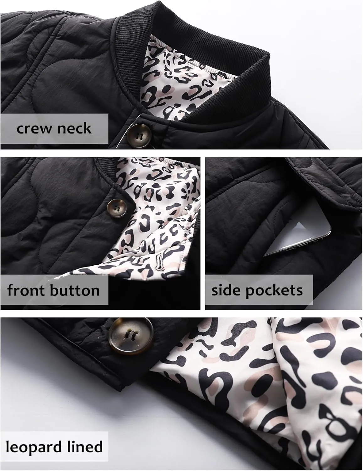 PEHMEA Women's Quilted Lightweight Jackets, Button Down Casual Coat Leopard Lining Bomber Outerwear with Pockets