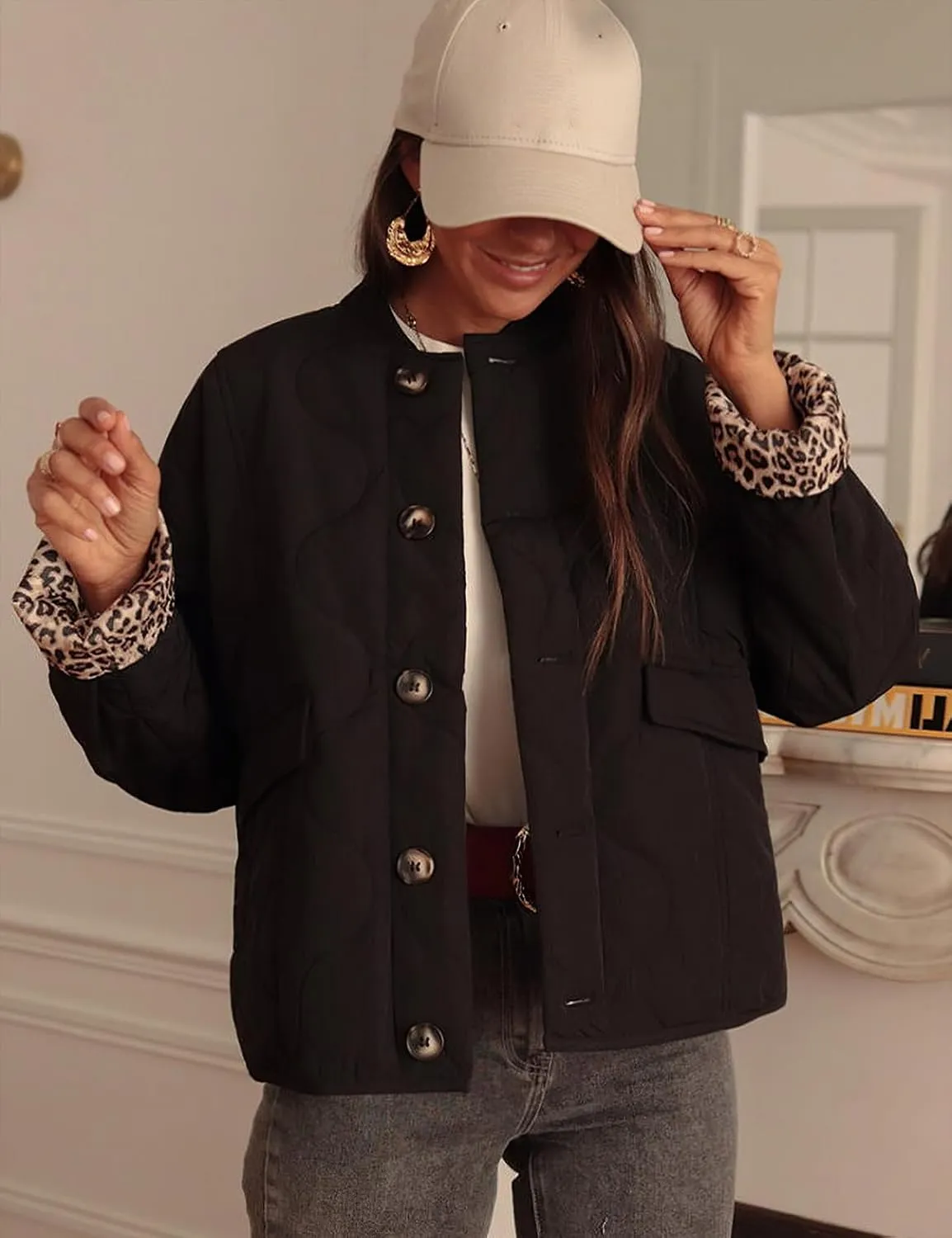 PEHMEA Women's Quilted Lightweight Jackets, Button Down Casual Coat Leopard Lining Bomber Outerwear with Pockets