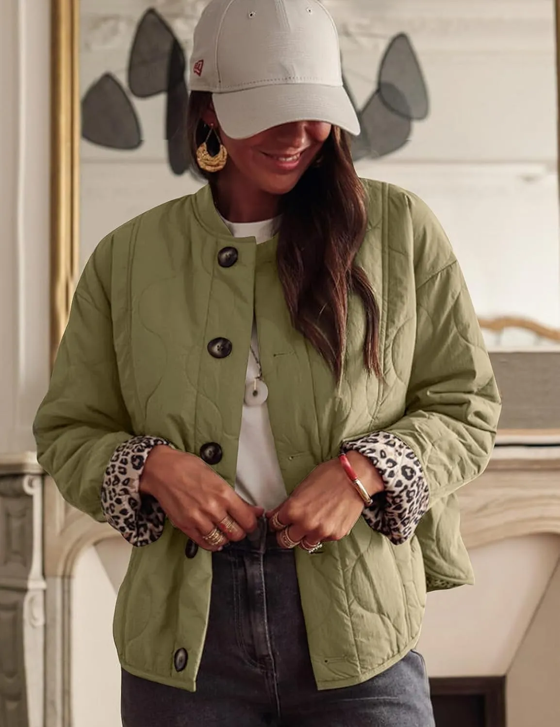 PEHMEA Women's Quilted Lightweight Jackets, Button Down Casual Coat Leopard Lining Bomber Outerwear with Pockets