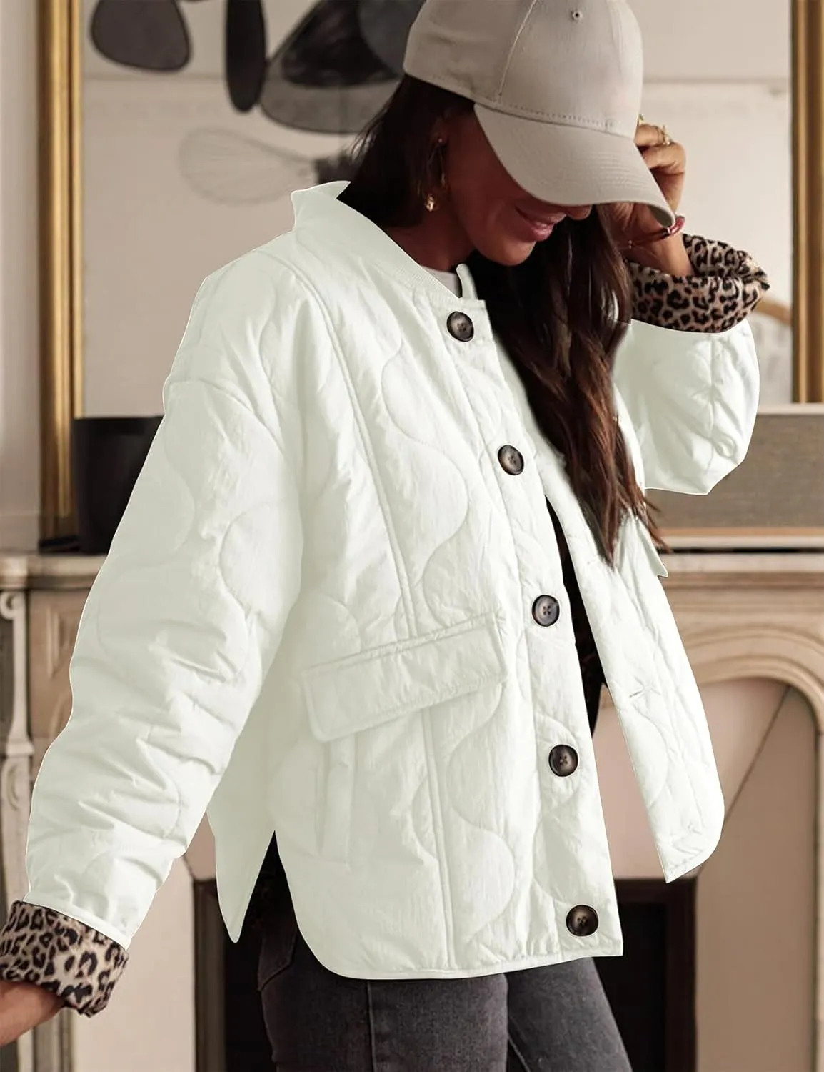 PEHMEA Women's Quilted Lightweight Jackets, Button Down Casual Coat Leopard Lining Bomber Outerwear with Pockets