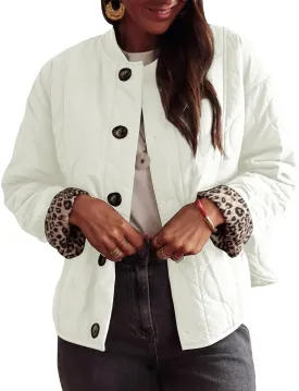 PEHMEA Women's Quilted Lightweight Jackets, Button Down Casual Coat Leopard Lining Bomber Outerwear with Pockets