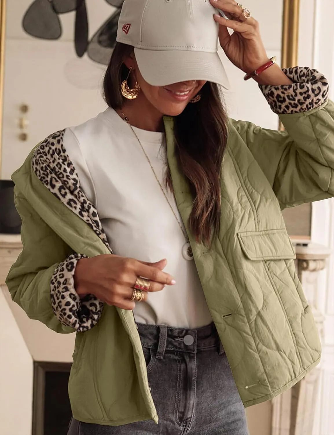 PEHMEA Women's Quilted Lightweight Jackets, Button Down Casual Coat Leopard Lining Bomber Outerwear with Pockets